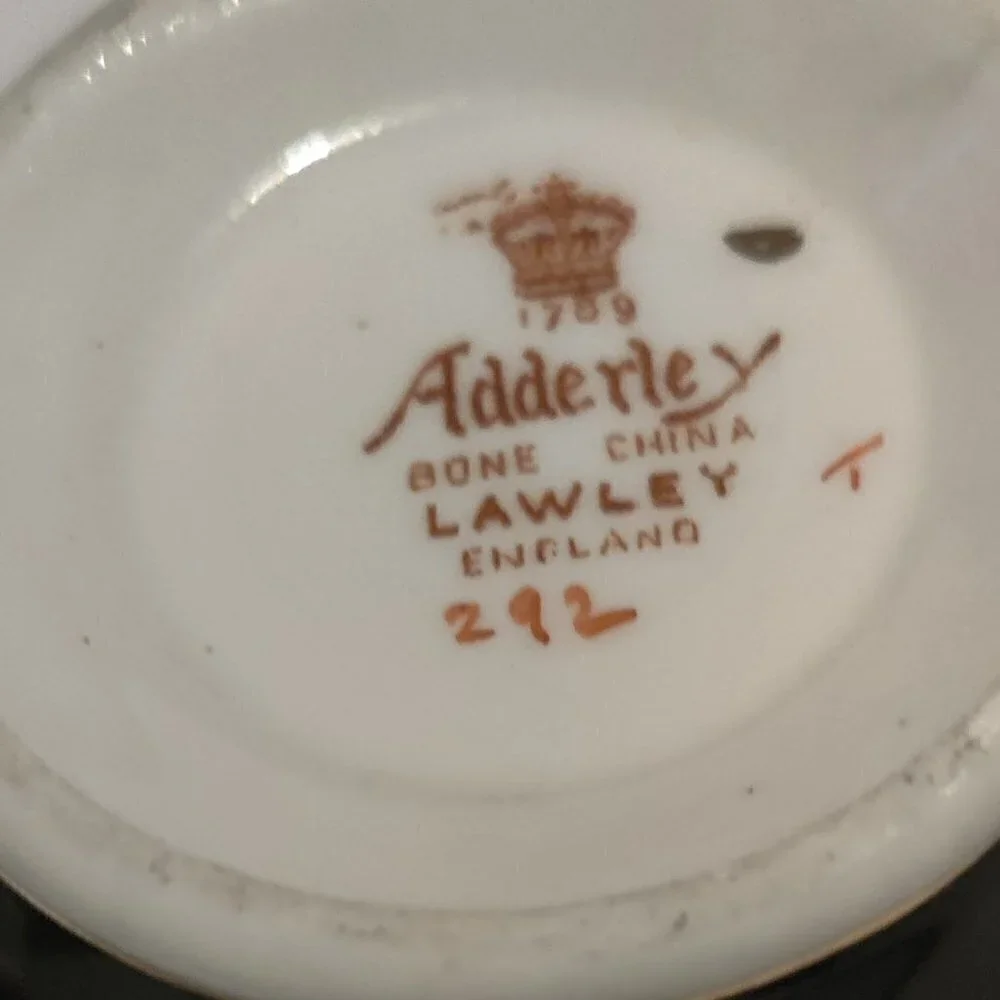 Adderley Teacup Made in England, Black With Ribbon of Florals & Gold, Excellent